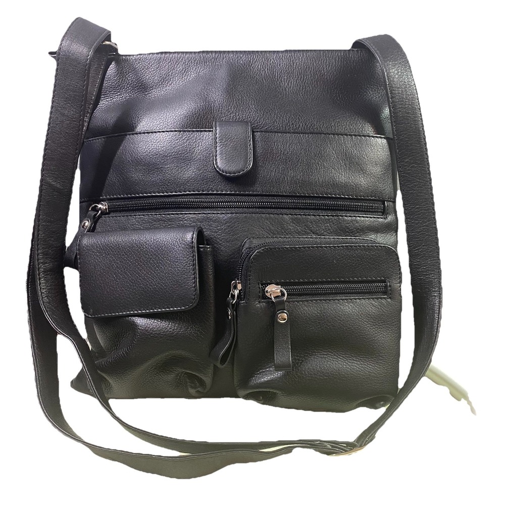ili UNISEX Black leather Crossbody Messenger School Tablet Bag Purse 13x12x2"NEW